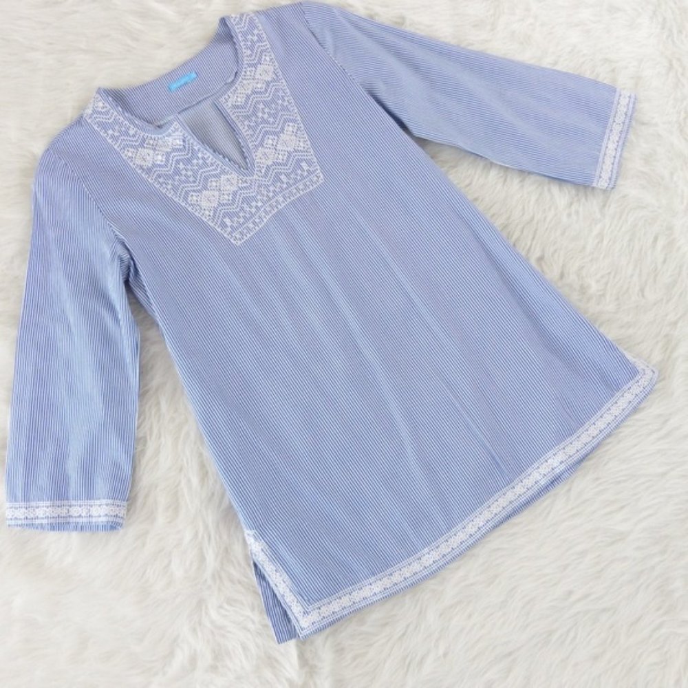 J. McLaughlin Blue Stripe Blouse Top Tunic NWOT L